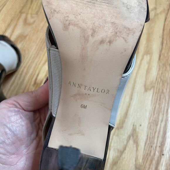 Ann Taylor spats style open toed heels taupe black patent 6 - Picture 7 of 9